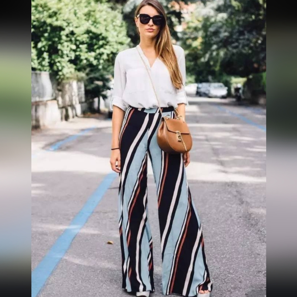 Zara Wide Leg Striped Pants in Light Blue, Black & Brown